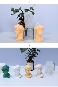 Detail of David statue silicone mold for DIY candles showing colorful finished busts