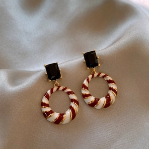Retro geometric earrings with black enamel gemstone and colorful spiral drop pendants