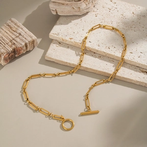 Collier chaîne trombone en acier inoxydable plaqué or 18 carats avec fermoir à bascule en T