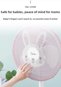 Pink mesh fan cover with rabbit design showing finger protection safety feature