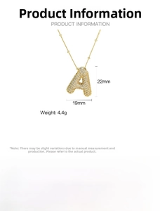 Detail view of gold brass bubble letter A pendant with cubic zirconia and dimensions