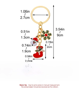 Detailed view of alloy Christmas keychain showing Santa and stocking charms with dimensions