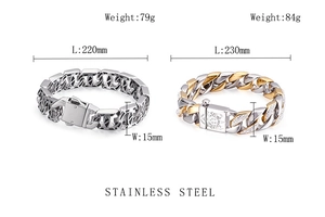 Detailed size chart for stainless steel Cuban bracelets showing weight and length