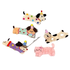 Five cute cartoon party dog and cat hair clips with marble texture for girls