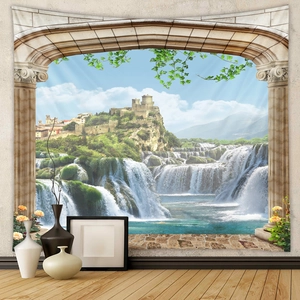 Detailed close-up of a wall tapestry featuring a majestic castle, waterfall, and archway