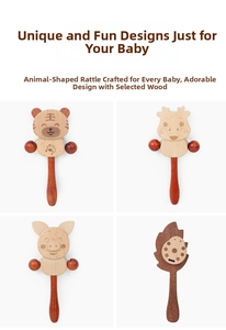 Detail of diverse animal-shaped wooden baby rattles with smooth texture and beads