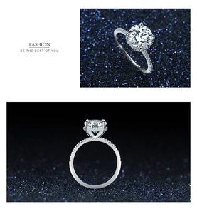 Macro shot of a brilliant round-cut zircon ring with classic six-prong setting detail