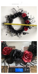 Gothic Halloween wreath detail showing 40cm diameter measurement and 172g weight
