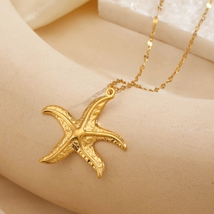 Starfish Pendant Necklace Stainless Steel Hammered Texture Gold Vacuum Plating Beach Vacation Summer Jewelry For Women
