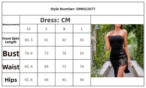 Size chart for slim fit tube dress with lace panels including bust and waist measurements