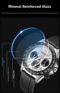 Detail of scratch-resistant mineral glass and anti-fingerprint coating on men's watch