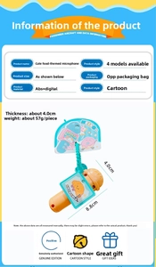 Detailed spec sheet showing cartoon food microphone keychain dimensions and weight