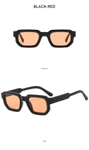 Front and side views of square black frame sunglasses with vibrant red-orange lenses