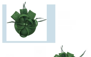 Detail of green fascinator headband with textured mesh bows and elegant feathers