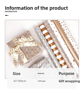 Close-up of gold foil geometric patterns on kraft paper rolls for gift wrapping