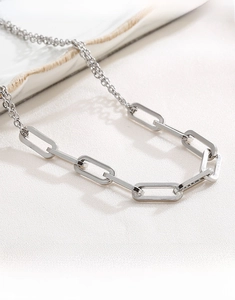 Macro shot of silver stainless steel thick chain necklace with square links detail