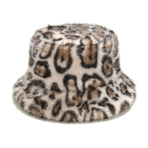 Close-up of soft faux fur leopard print bucket hat with plush warm texture detail