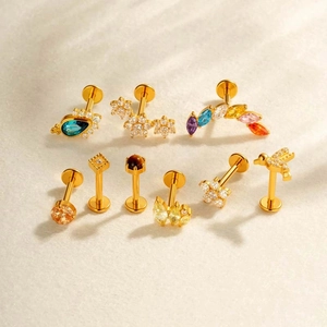 G23 titanium labret stud set with gold finish and colorful cubic zirconia stones