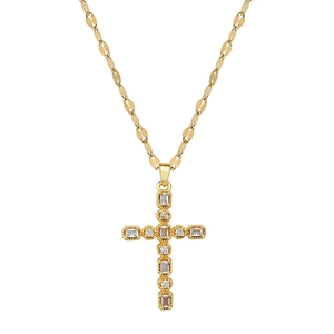 Elegant gold cross pendant necklace with sparkling cubic zirconia on white background