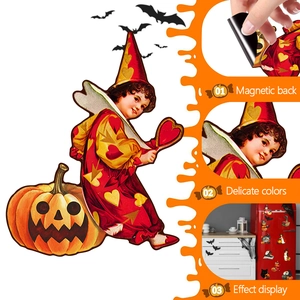 Detail of magnetic Halloween gnome stickers showing back magnet and delicate print colors