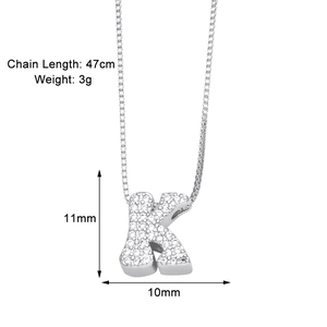 Detailed view of silver letter K pendant with cubic zirconia and dimension labels