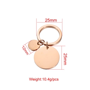 Rose gold stainless steel blank round key ring with dimensions 25mm and 12mm charms