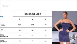 Size chart for the navy blue bodycon mini dress with rhinestone stripes detail