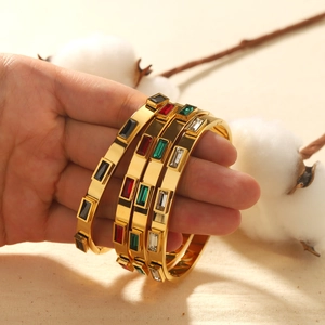 Geometrical Bangle Bracelet Stainless Steel 18K Gold Plated Rectangular Zircon Inlaid Vintage Fashion Jewelry For Women