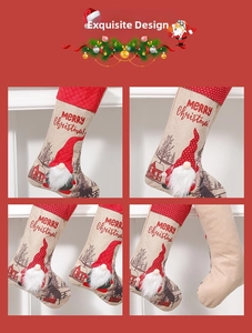 Close-up of beige burlap Christmas stocking with red knit trim and plush gnome detail