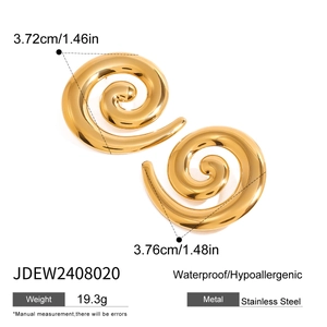 Detail view of 18k gold plated stainless steel spiral earrings with specs and dimensions