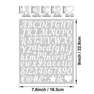 Détail des dimensions des pochoirs de lettres et chiffres d'un pouce pour bricolage