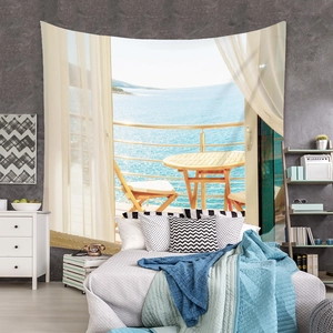 Detail of bohemian tapestry featuring a sea view balcony with high-definition digital print
