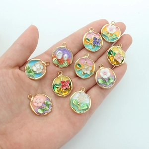 Set of 10 round enamel flower pendants with 3D relief and pearls for DIY jewelry