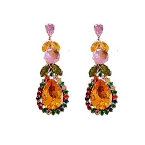 Colorful water drop leaf earrings with multicolor crystals and silver needles for women