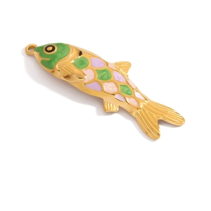 Macro view of fish charm with 18K gold plating and colorful enamel scale details