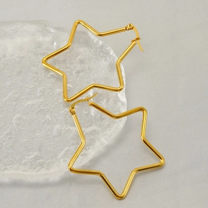 Detailed shot of gold hollow star earrings placed on a textured acrylic block