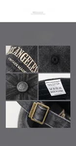 Detail view of washed vintage baseball cap with embroidery, cotton fabric and metal buckle