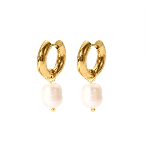 Baroque pearl drop earrings with 18K gold-plated stainless steel hoops on white background