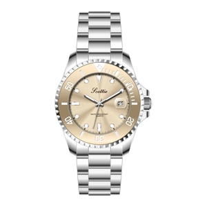 Klassische silberne Edelstahl-Uhr mit champagner-goldenem Zifferblatt und Datum