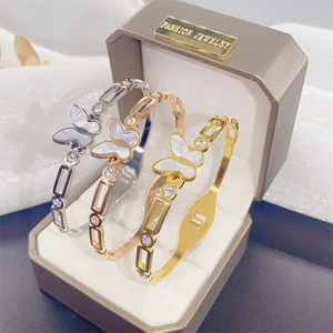 Butterfly Bangle Stainless Steel White Shell Rhinestone Hollow Out Open Cuff Bracelet For Women Elegant Jewelry