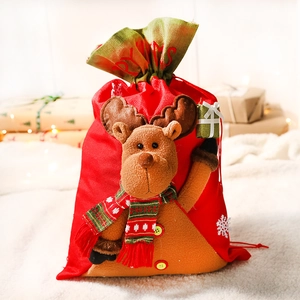 Christmas gift bag with 3D reindeer doll and Merry Christmas print on soft red fabric