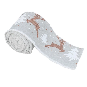Gray linen Christmas ribbon with glitter reindeer, white trees and plush velvet edges