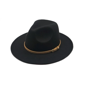 Detail of black wool felt fedora featuring a slim brown leather buckle hatband decor