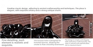 Macro view of black ceramic backflow incense burner showing dimensions 11.5cm by 6.4cm