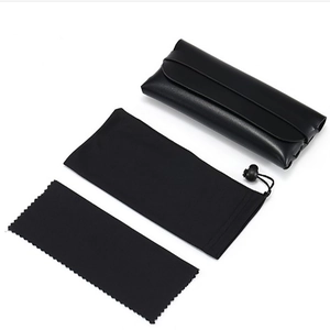 Portable black faux leather sunglasses case set with drawstring pouch and cleaning cloth