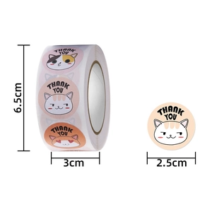 Detailed dimension guide for 2.5cm round cartoon cat thank you stickers for packaging
