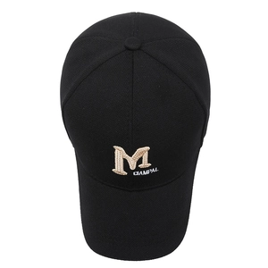 Classic black cotton baseball cap with premium khaki M letter embroidery in top-down view