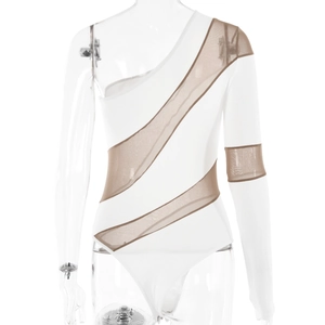 Close-up of white bodysuit featuring brown sheer mesh patchwork stripes on stretch fabric