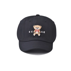 Short brim black baseball cap featuring an embroidered bear and text for men and women