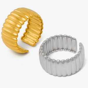 Adjustable 18k gold and silver geometric wide band rings with textured vertical ridges